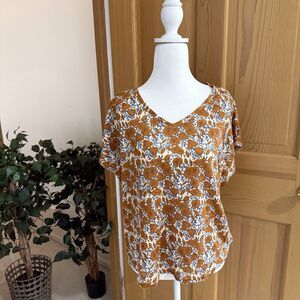 NWT Rachel Zoe Size Small Womens Orange Floral Linen Top Short Sleeve Shirt Boho